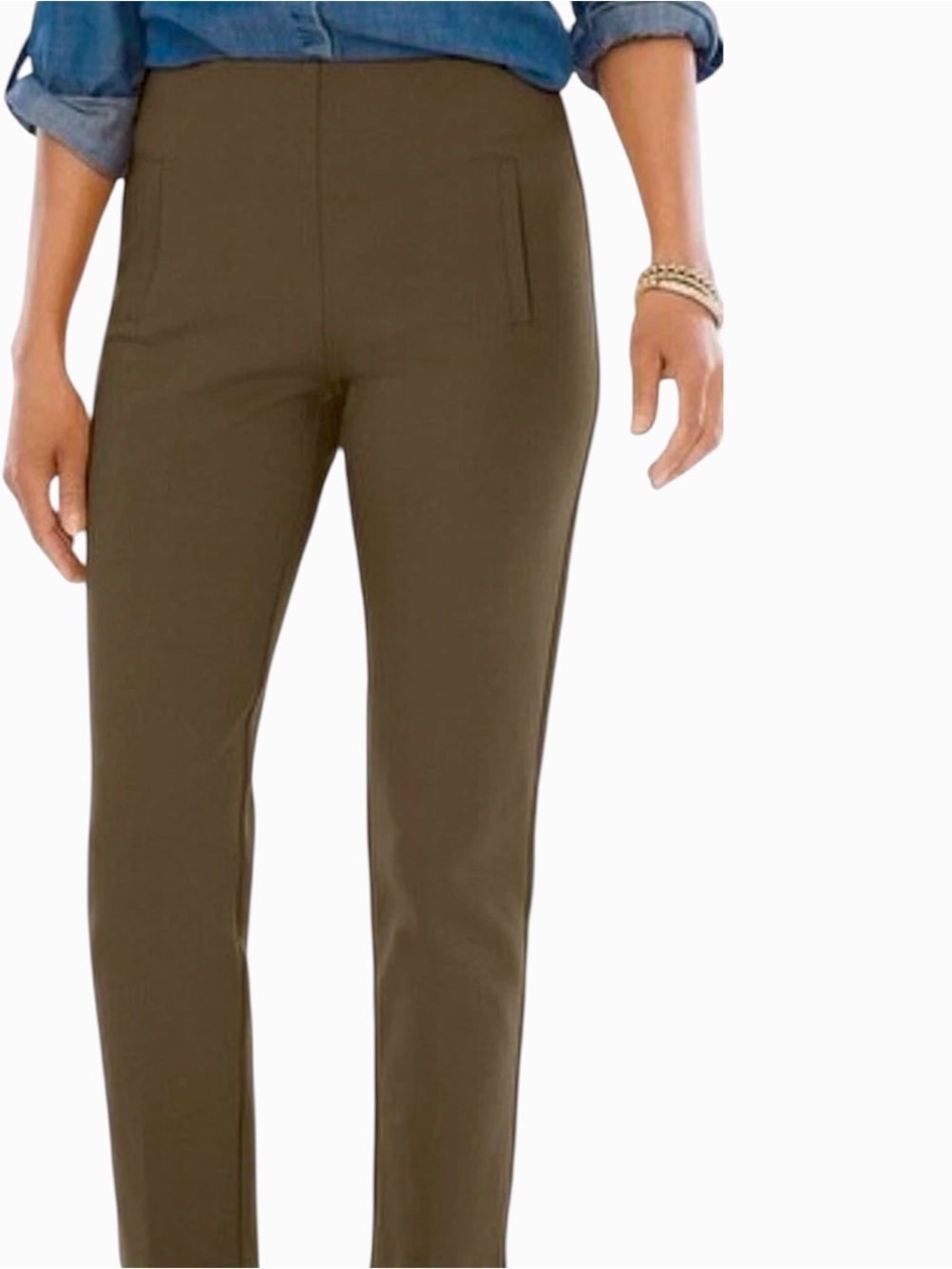 CHICO’S Stretchy Knit Olive Straight-Leg Pull-On Ankle Pants — #LHP